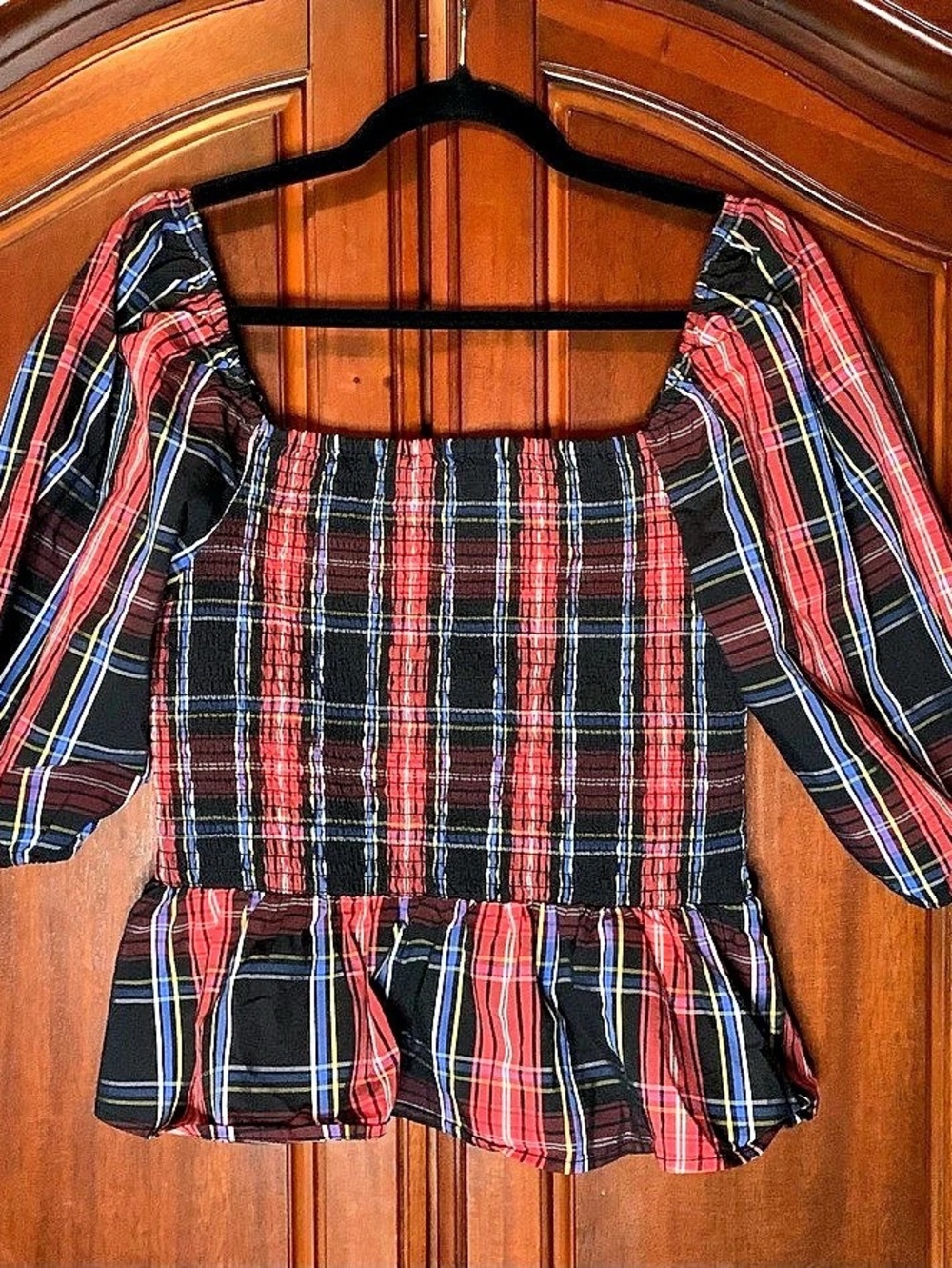 Draper James Plaid Peplum Blouse in Black & Red Size Medium